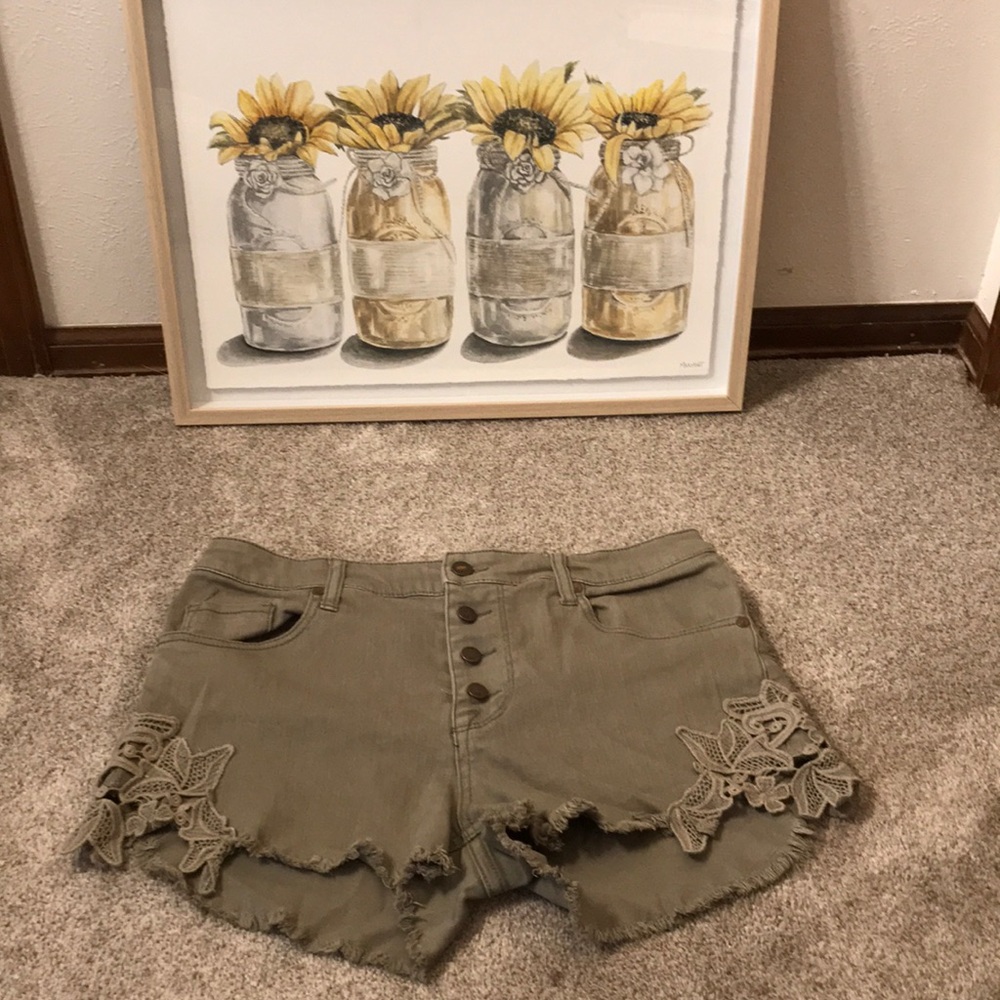 Olive colored shorts-floral embroidered accents